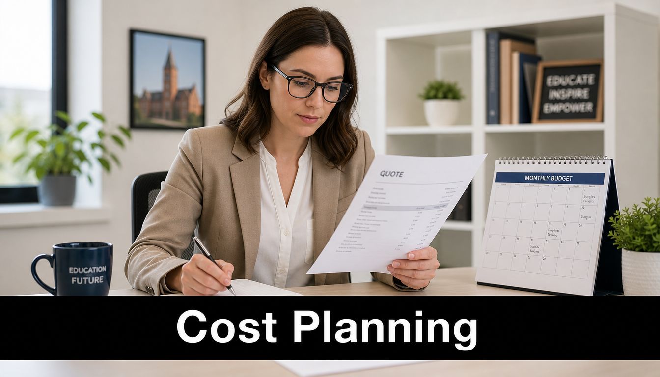 A professional woman in a suit sitting at a desk reviewing a budget document for yearbook printing.