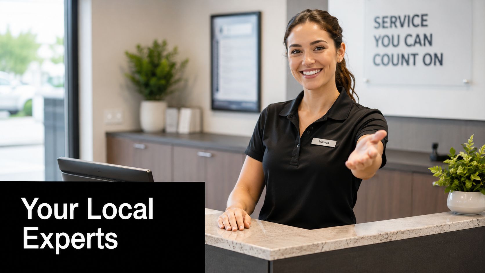 A friendly female receptionist wearing a name tag welcoming clients at a professional office front desk.