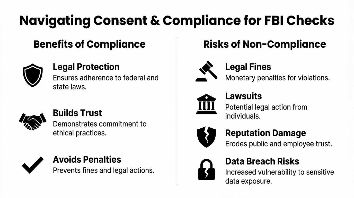 An infographic titled Navigating Consent and Compliance for FBI Checks, outlining the benefits and risks for businesses.