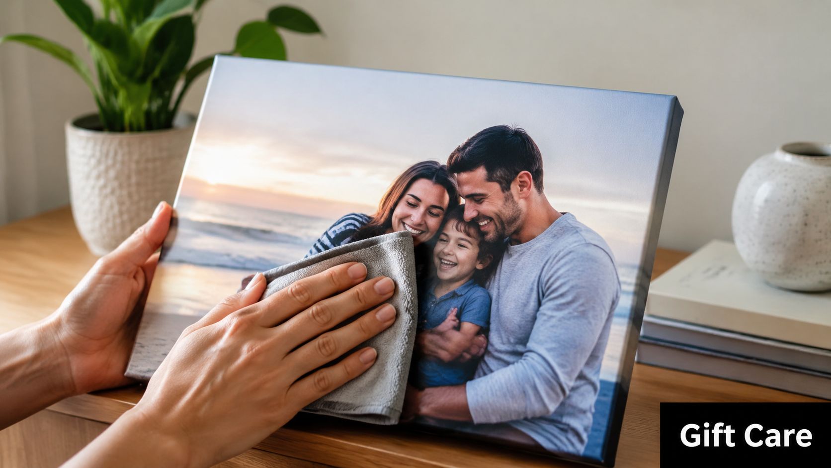 A person gently wiping dust off a custom canvas photo print of a happy family portrait.