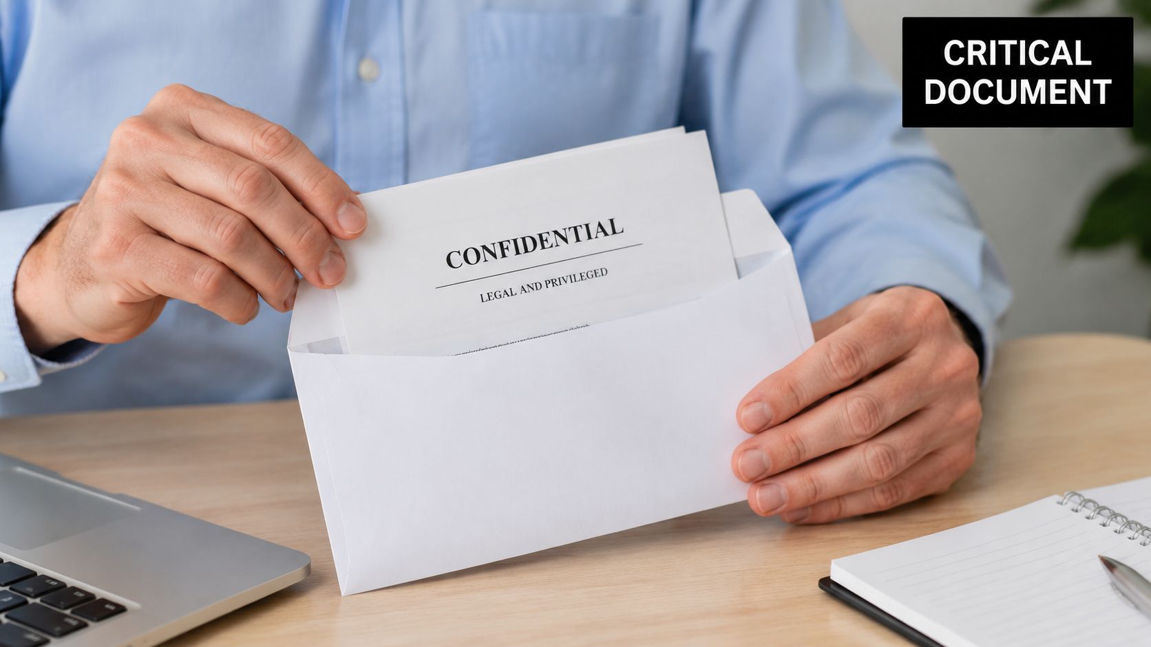 A professional in a blue shirt opening an envelope containing a confidential legal and privileged document.