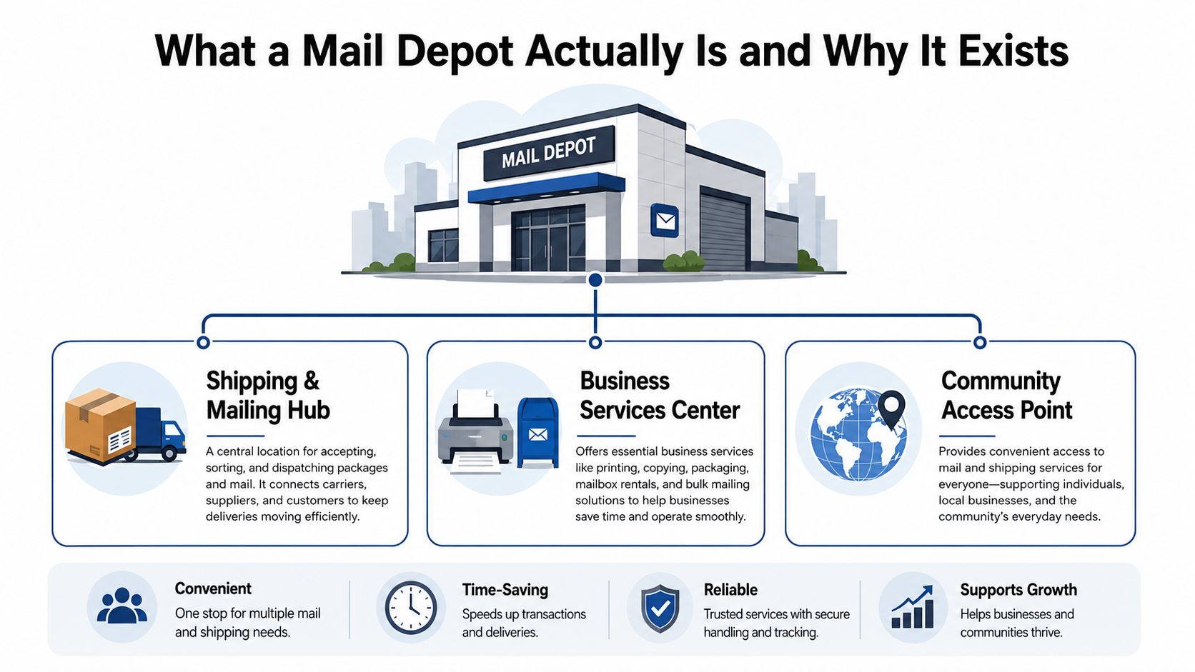 An infographic showing a Mail Depot as a shipping hub, business center, and community access point.