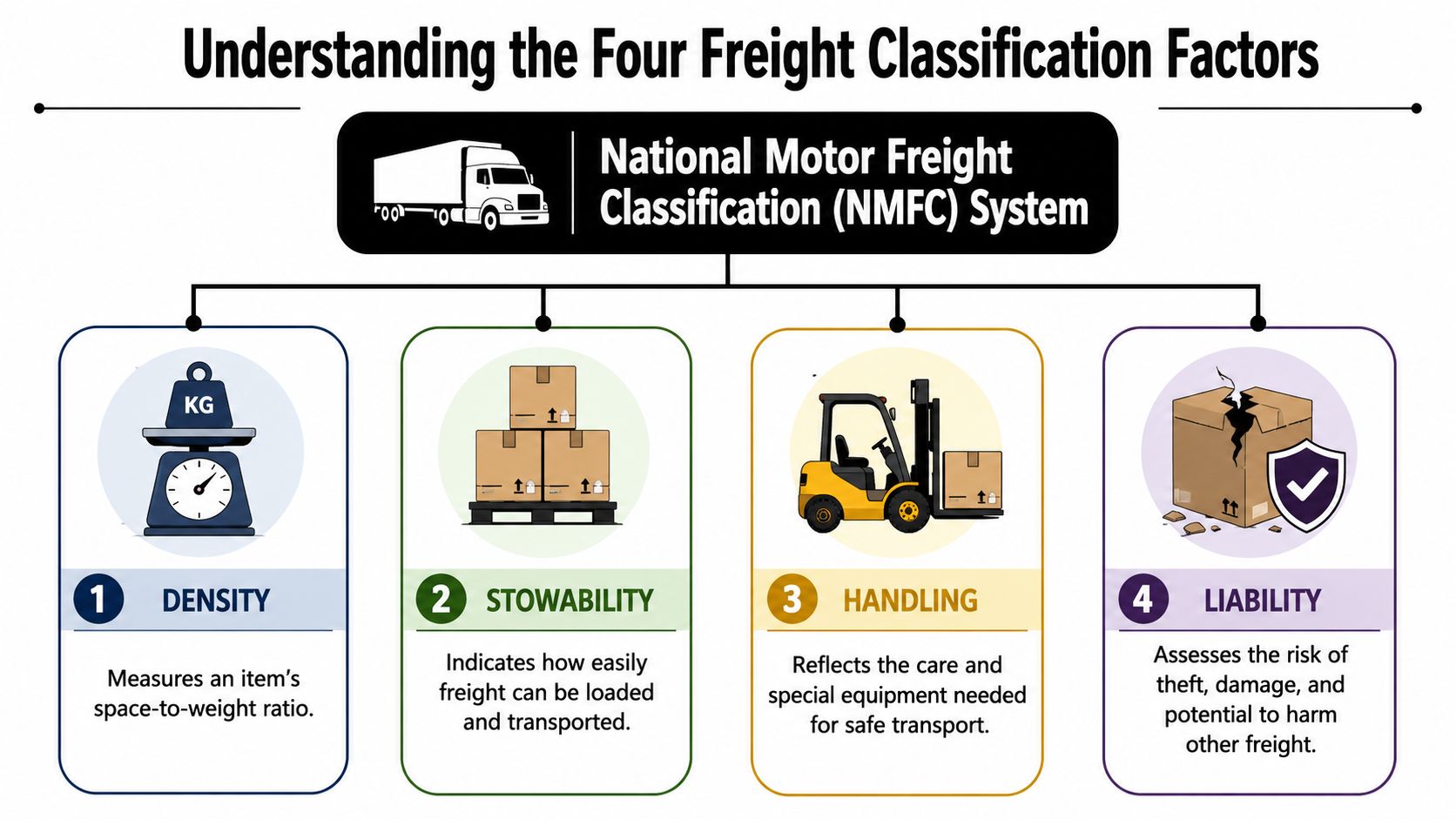 A chart explaining the four factors of freight classification: density, stowability, handling, and liability for shipping.