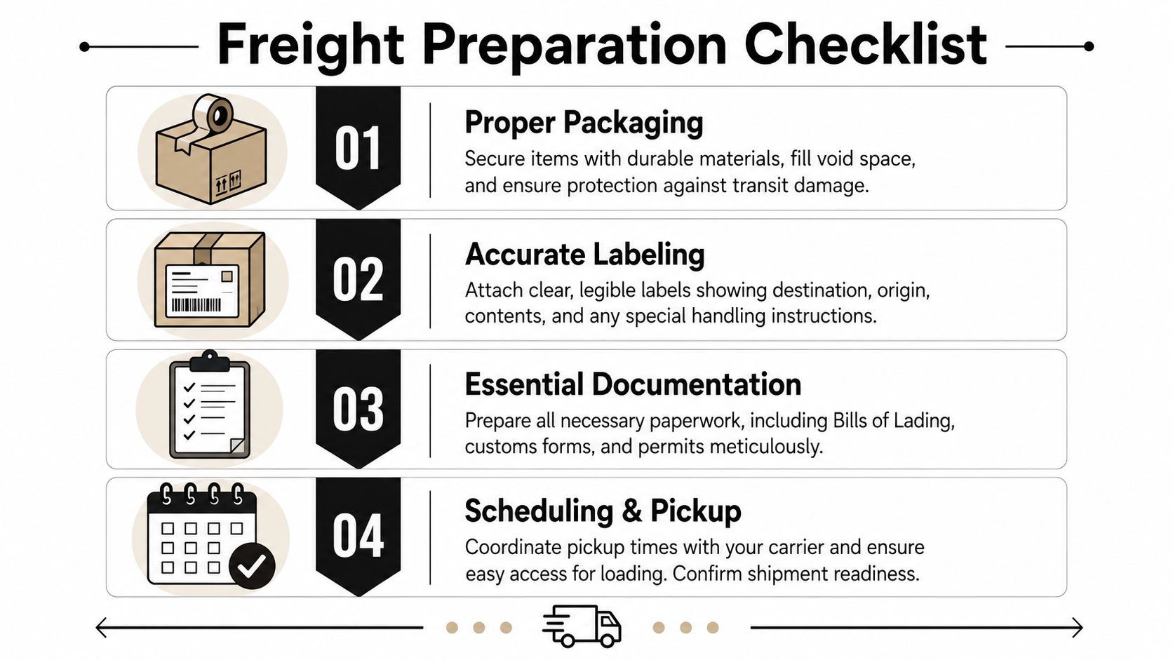A four-step checklist for freight preparation including proper packaging, accurate labeling, essential documentation, and scheduling pickup.