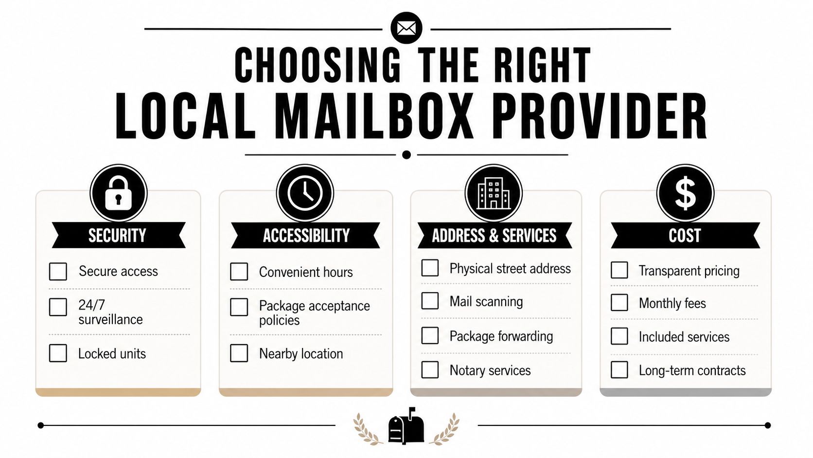 An infographic checklist for selecting a local mailbox provider, highlighting security, accessibility, address services, and cost factors.