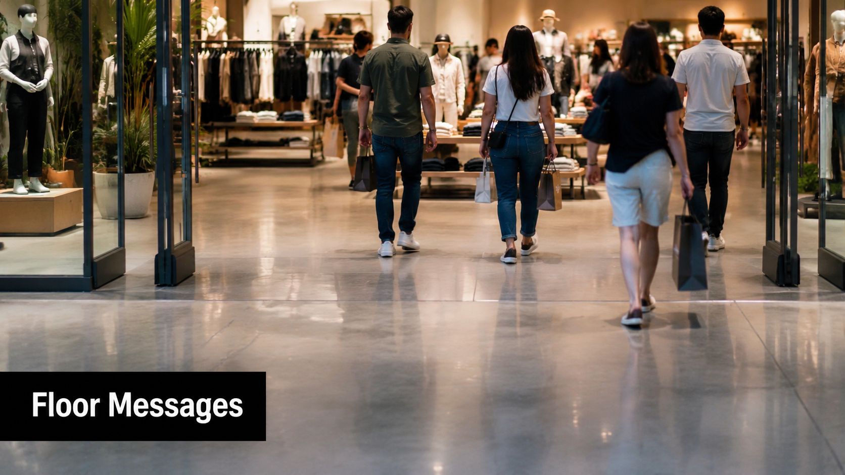 Several shoppers walk into a modern clothing retail store with polished concrete floors seen from the entrance.