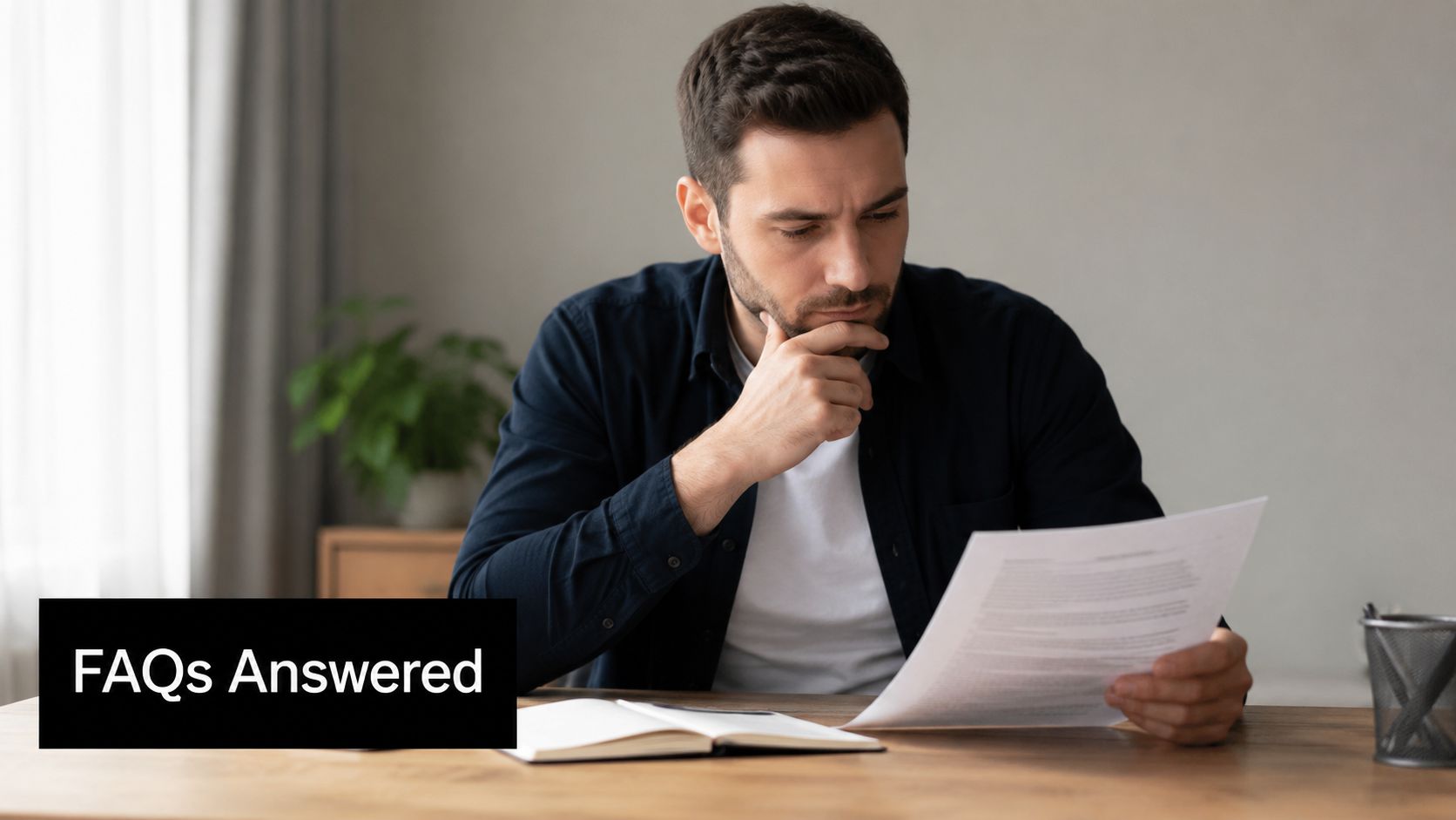A focused man sitting at a desk reviewing a legal document for background check procedures.