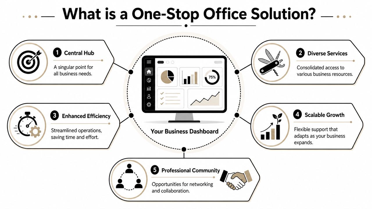 An infographic explaining the five key benefits of a one-stop office solution for growing businesses.