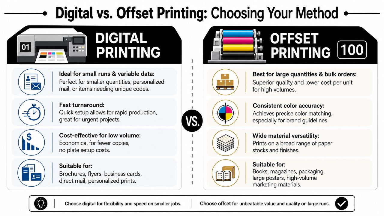 A comparison infographic detailing the differences, benefits, and typical use cases for digital versus offset printing services.