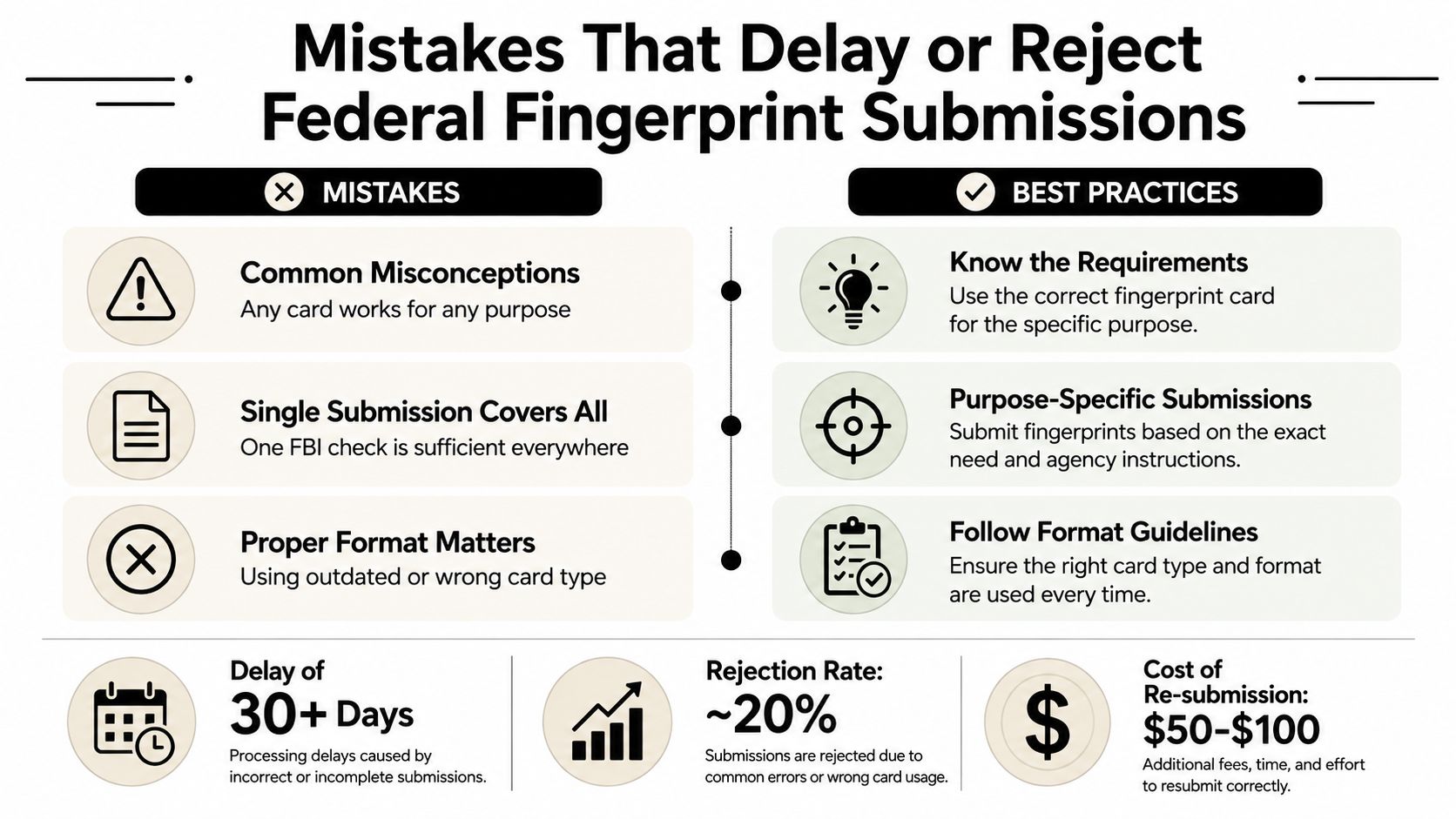 An infographic showing common mistakes and best practices for submitting federal fingerprint cards to avoid delays.