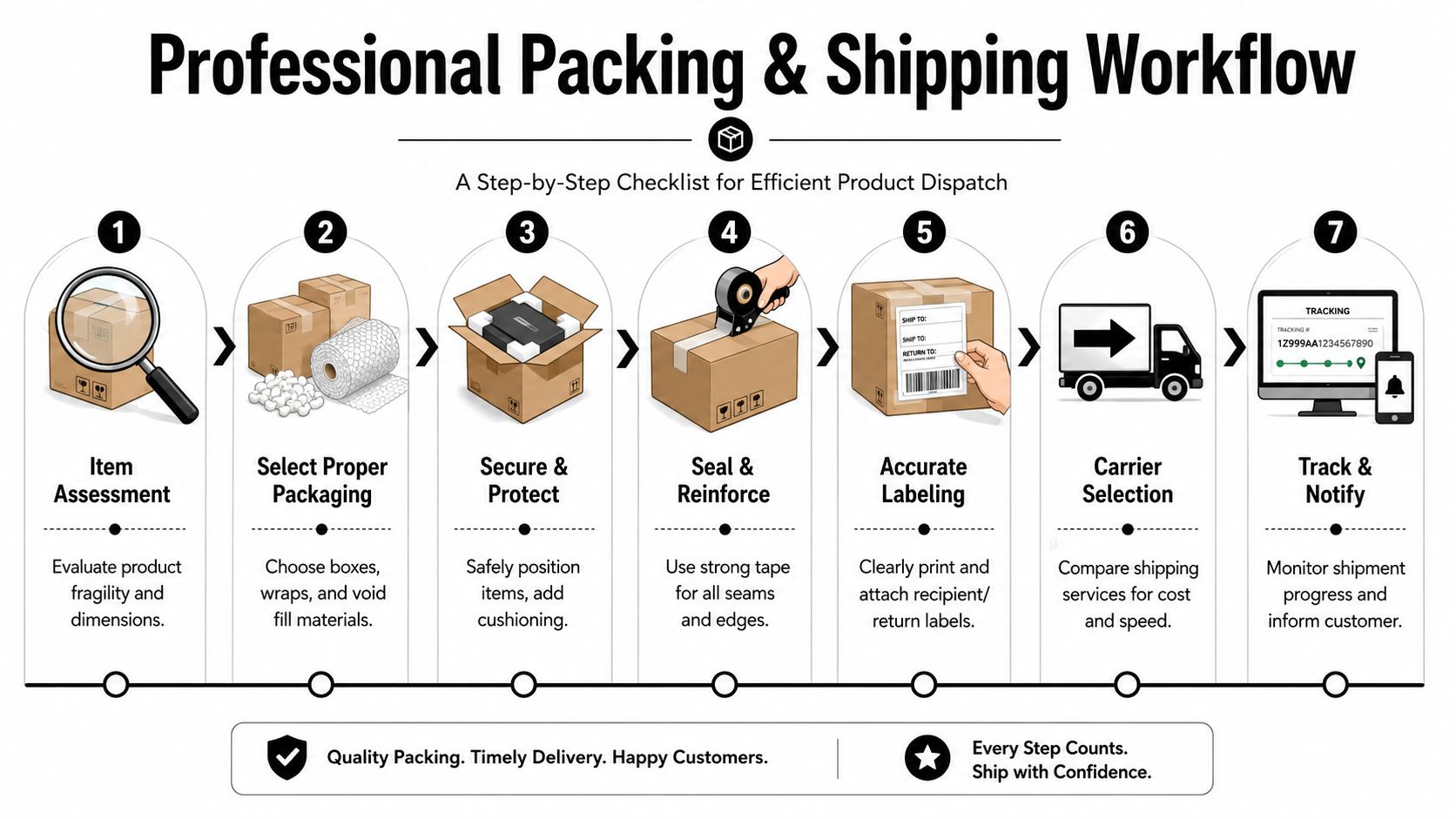A professional infographic showing a seven-step checklist for efficient product packaging and shipping logistics.