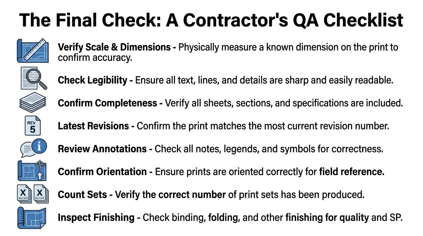 A contractor's QA checklist for checking construction blueprint prints before starting a building project.