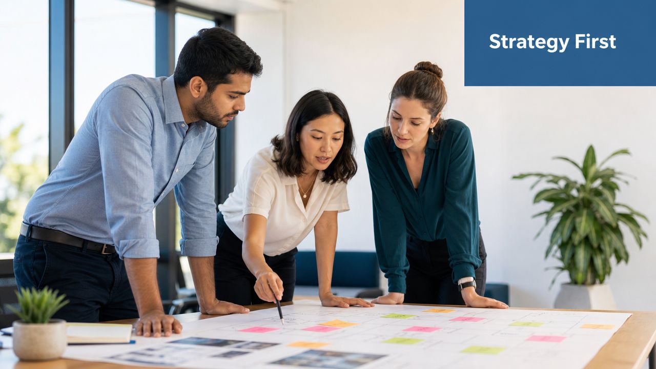A professional team of three people collaborating over a large architectural layout on a table in an office.