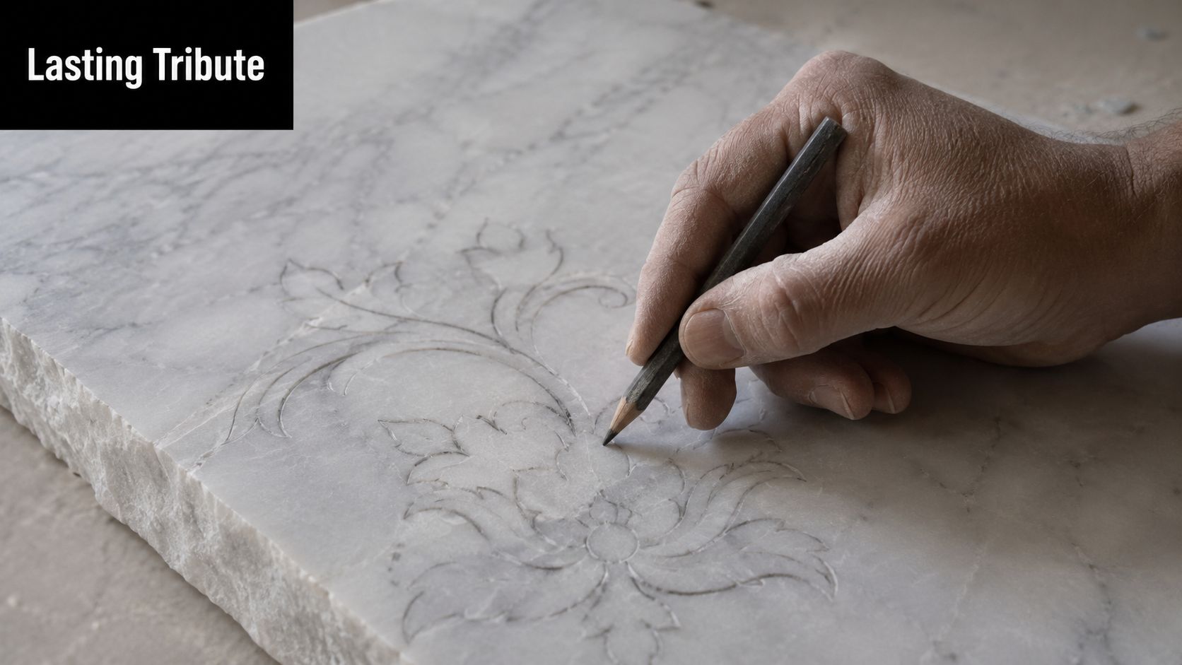 A craftsman hand sketching an intricate floral design onto a piece of white marble for engraving.
