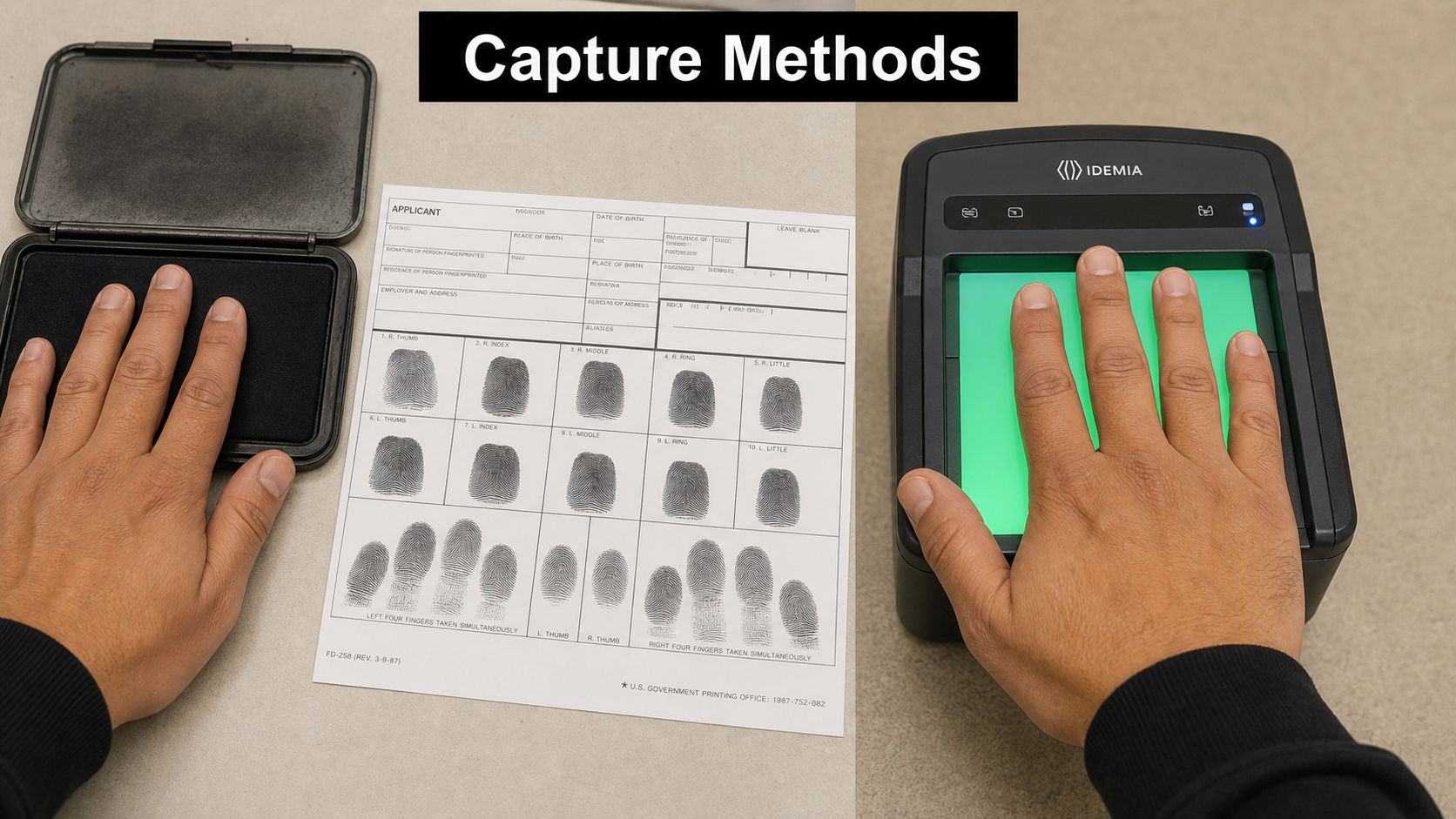 A side-by-side comparison showing traditional ink fingerprinting on a form and modern digital livescan fingerprint technology.