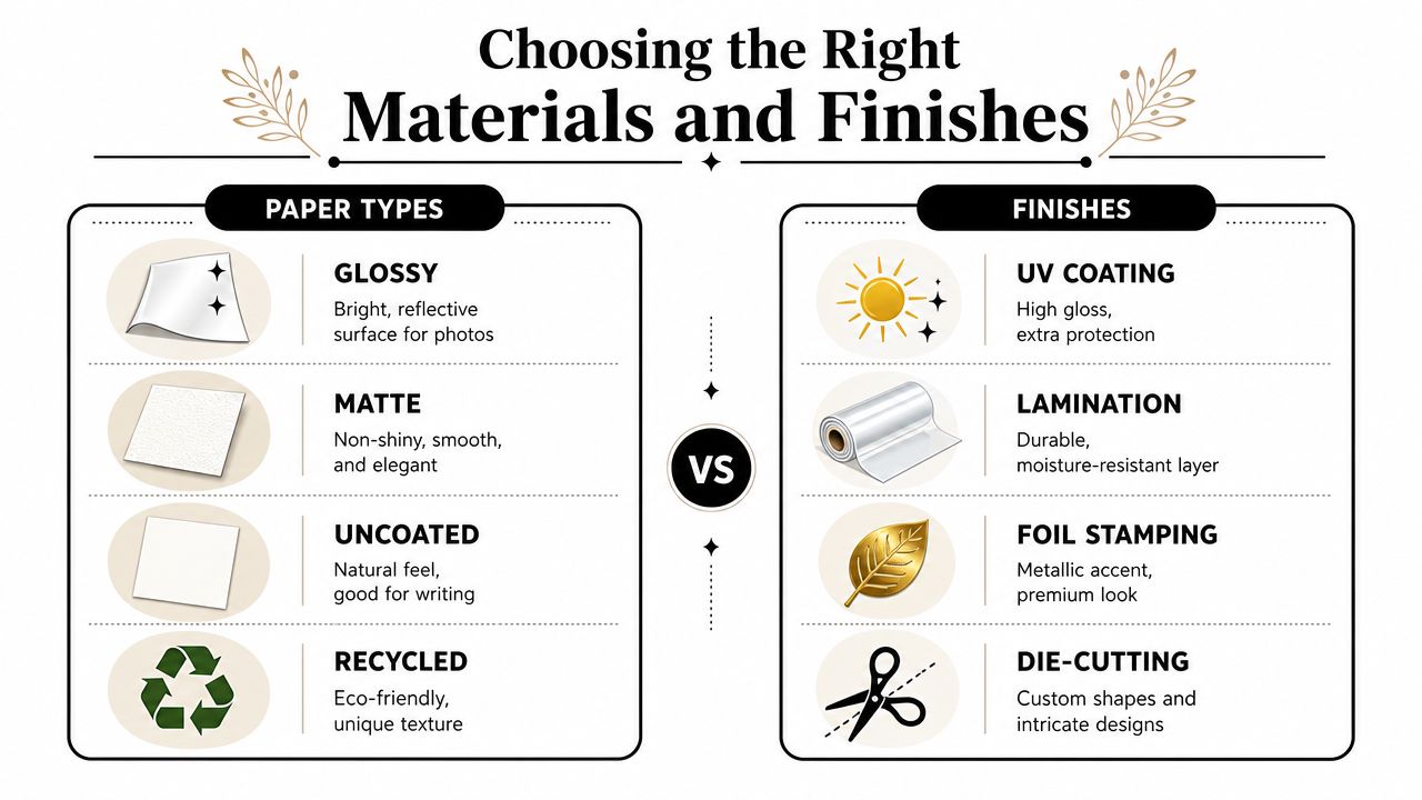 An infographic comparing different paper types and print finishes for marketing materials and professional printing projects.