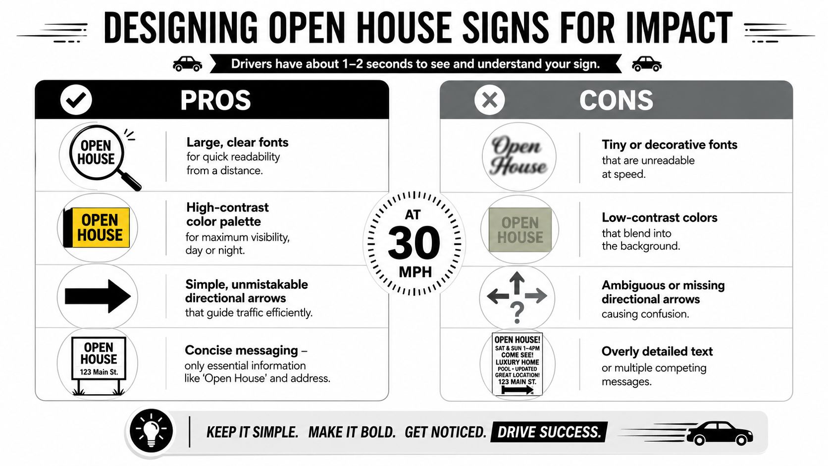 An infographic showing pros and cons for designing effective open house signs for real estate agents.