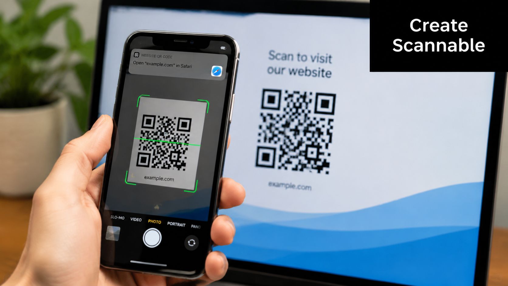 A smartphone scanning a QR code displayed on a laptop screen to visit a website.