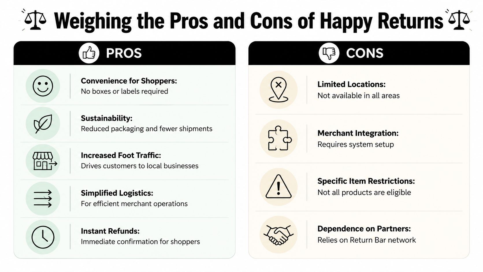 A comparison infographic highlighting the pros and cons of using Happy Returns for retail product returns.