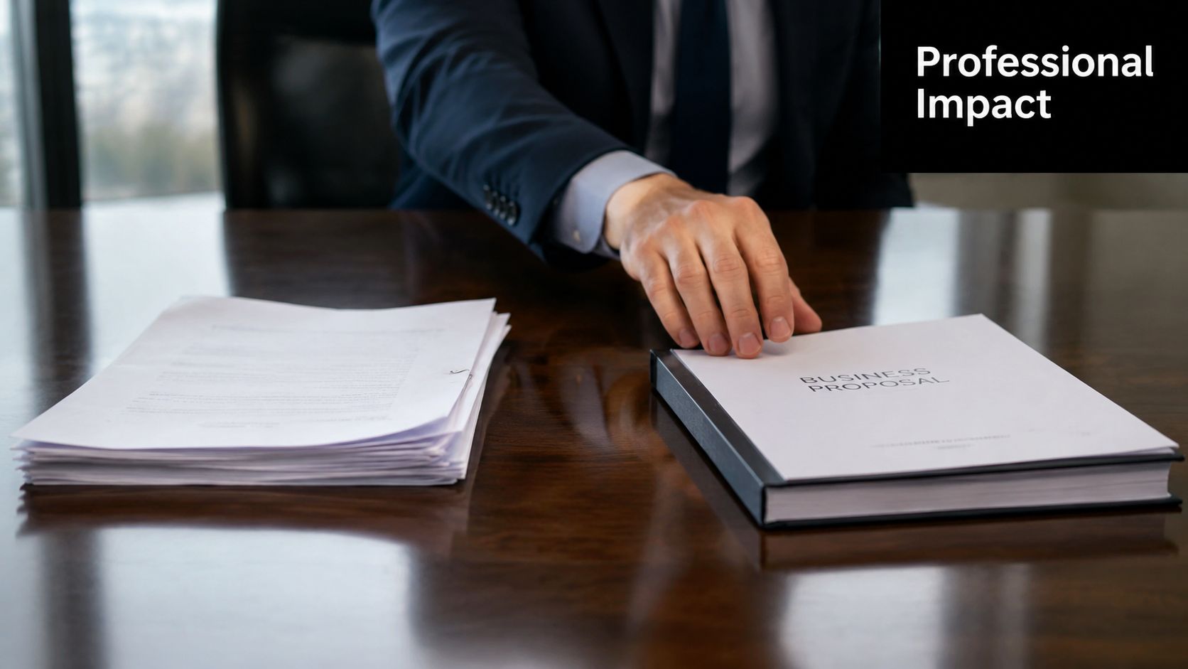 A professional in a suit places a business proposal folder on a dark wooden boardroom table.