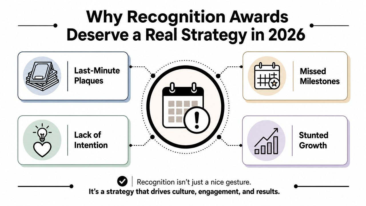 An infographic titled Why Recognition Awards Deserve a Real Strategy in 2026 showing four negative impact points.