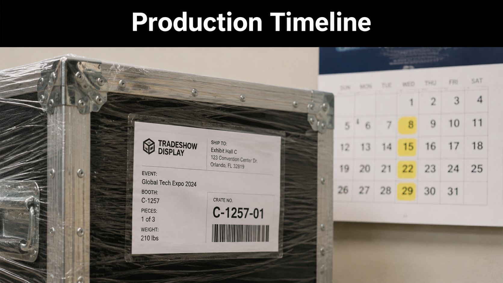 A shipping crate for a trade show display labeled for the Global Tech Expo 2024 with a calendar.