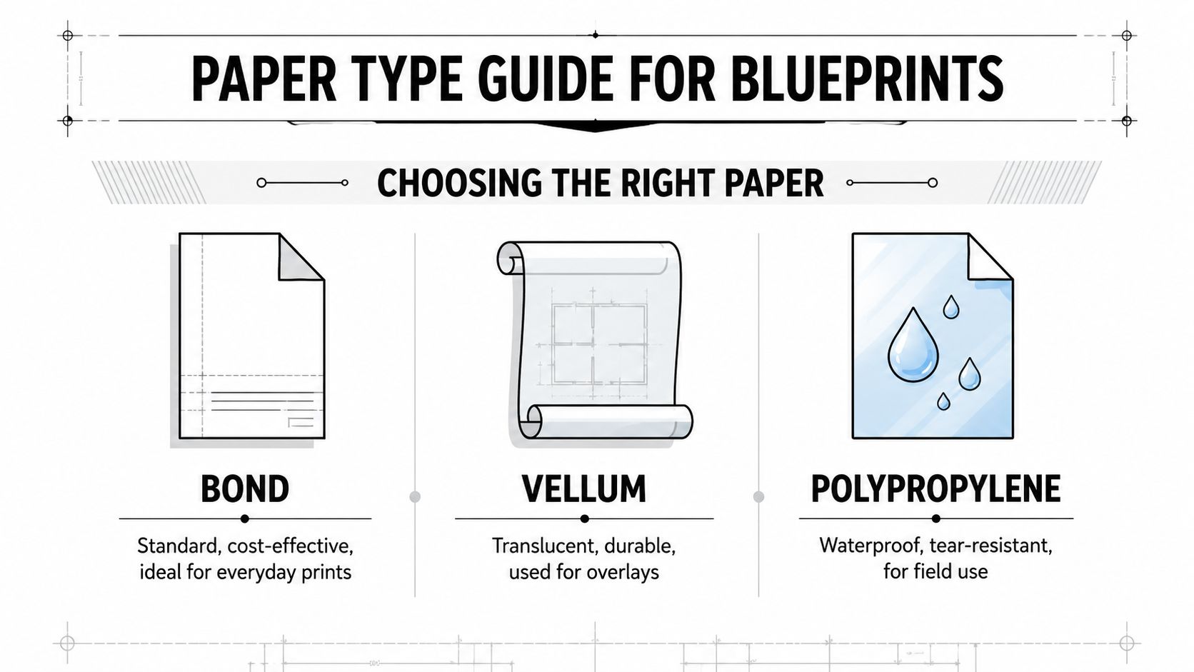 A guide comparing different paper types for printing blueprints, including bond, vellum, and waterproof polypropylene sheets.