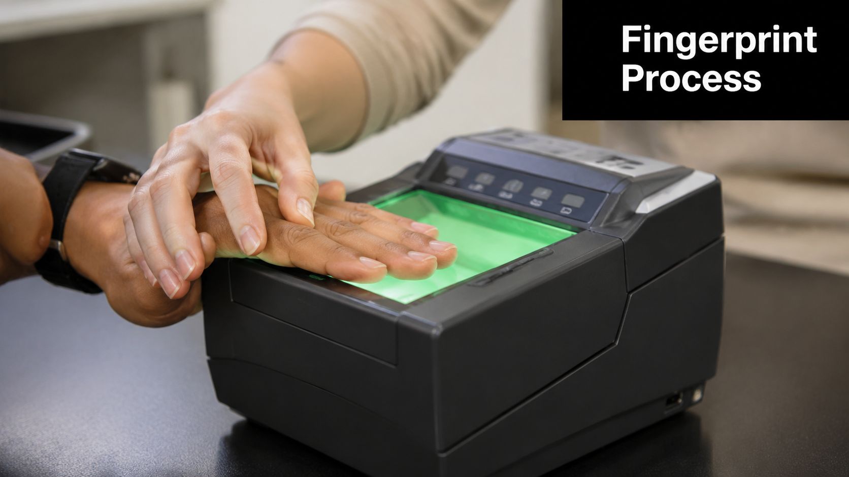 A person having their fingerprints digitally scanned by an official using a professional biometric machine.