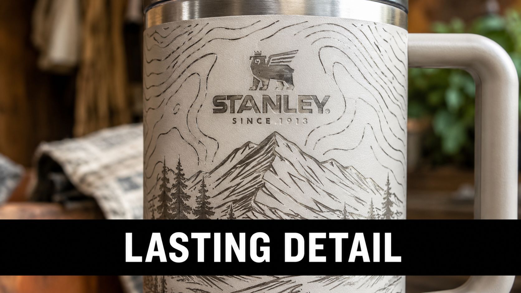 Close-up of a textured beige Stanley tumbler featuring an intricate engraved landscape design with mountains and pine trees.