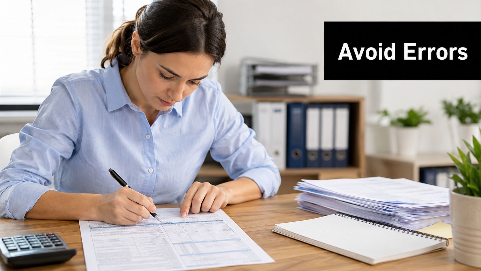 A professional woman in a light blue shirt carefully reviewing and signing paperwork at her office desk.