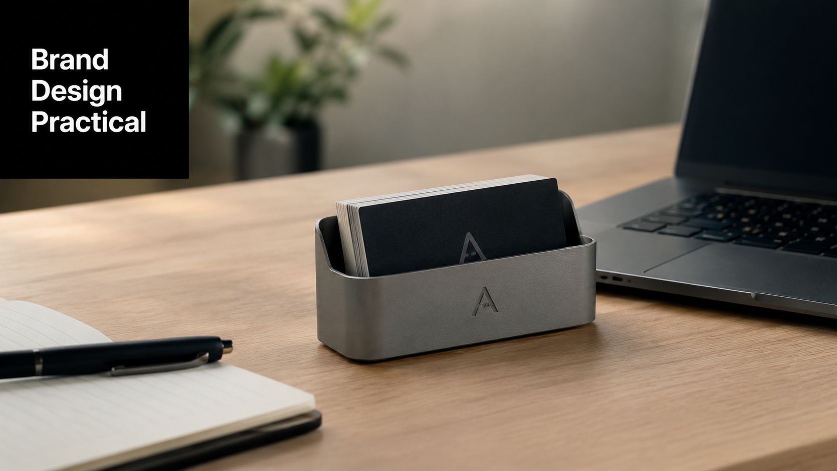 A modern metallic business card holder sits on a wooden desk next to a laptop and notebook.