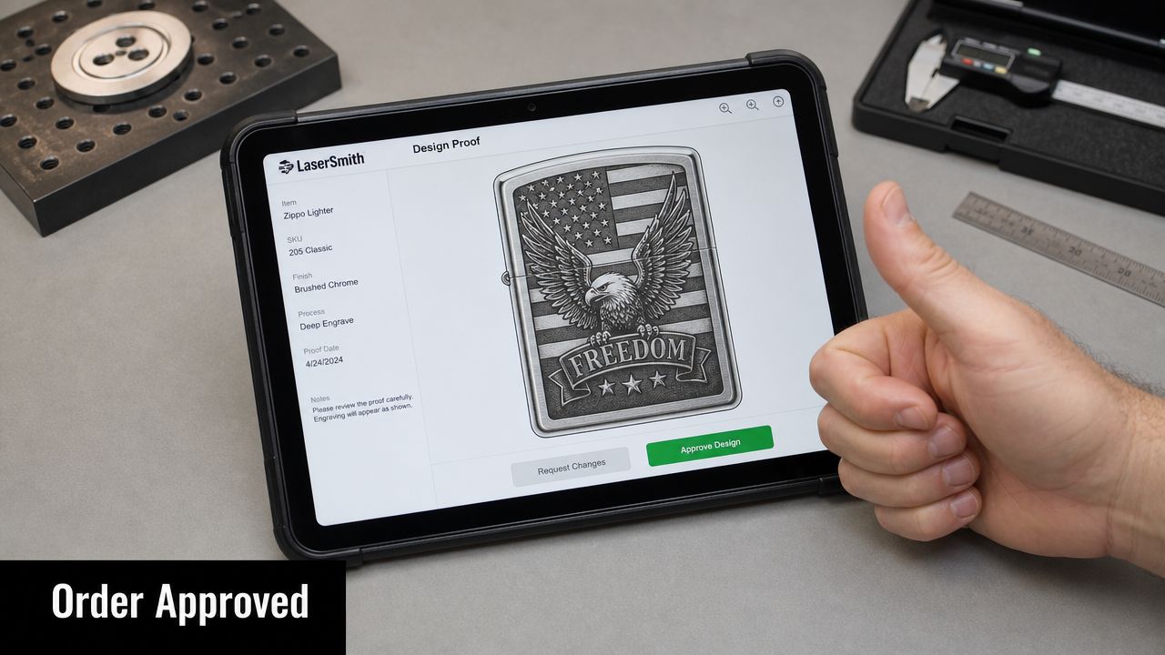 A hand giving a thumbs up next to a digital tablet displaying a Zippo lighter engraving proof.