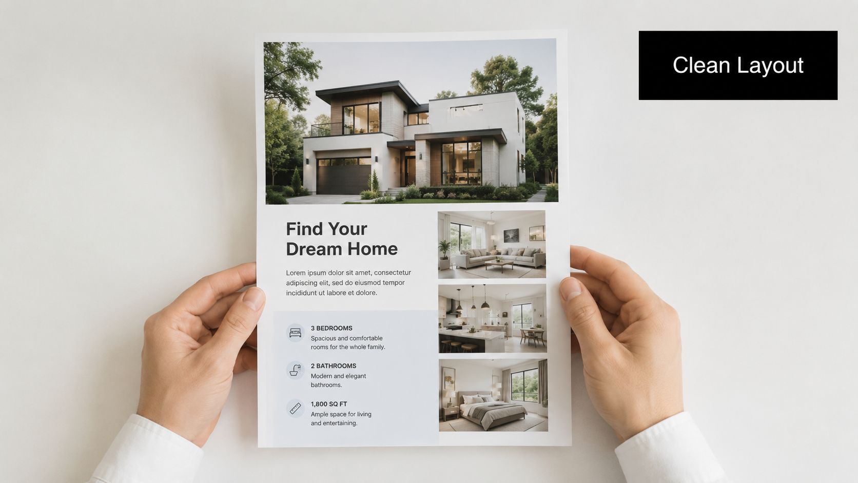 Hands holding a professional real estate flyer design showcasing a modern house and interior home features.