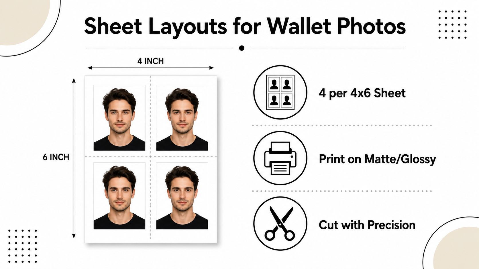 A diagram demonstrating how to arrange and print four wallet size photos on a four by six inch paper sheet.