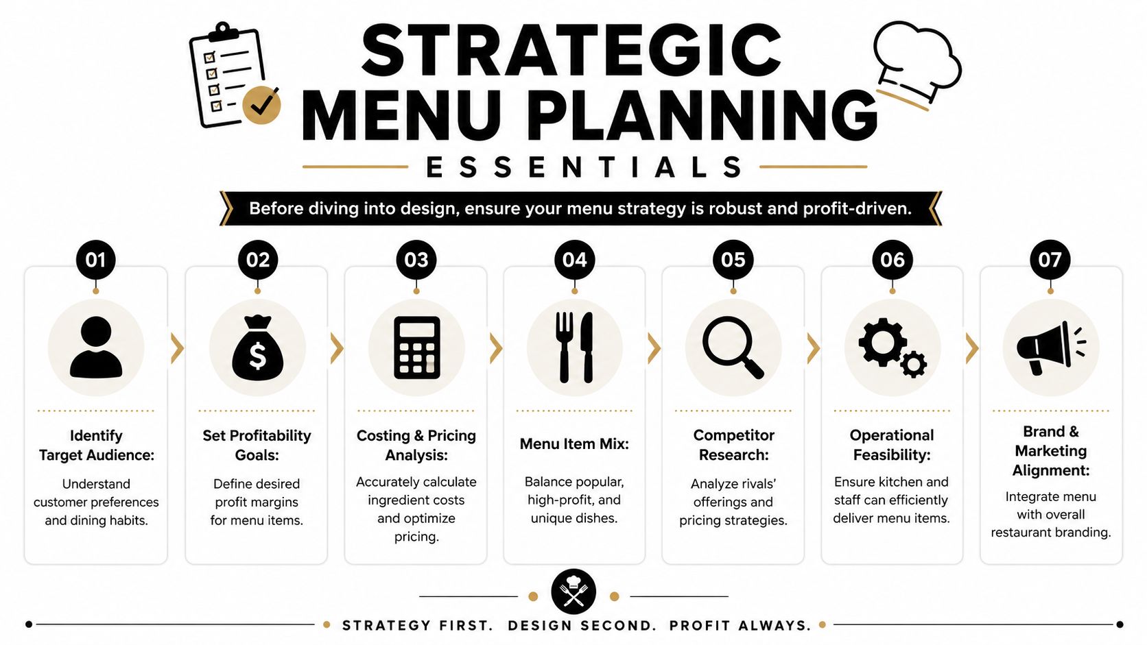 An infographic detailing seven essential steps for creating a strategic and profit-driven restaurant menu design.