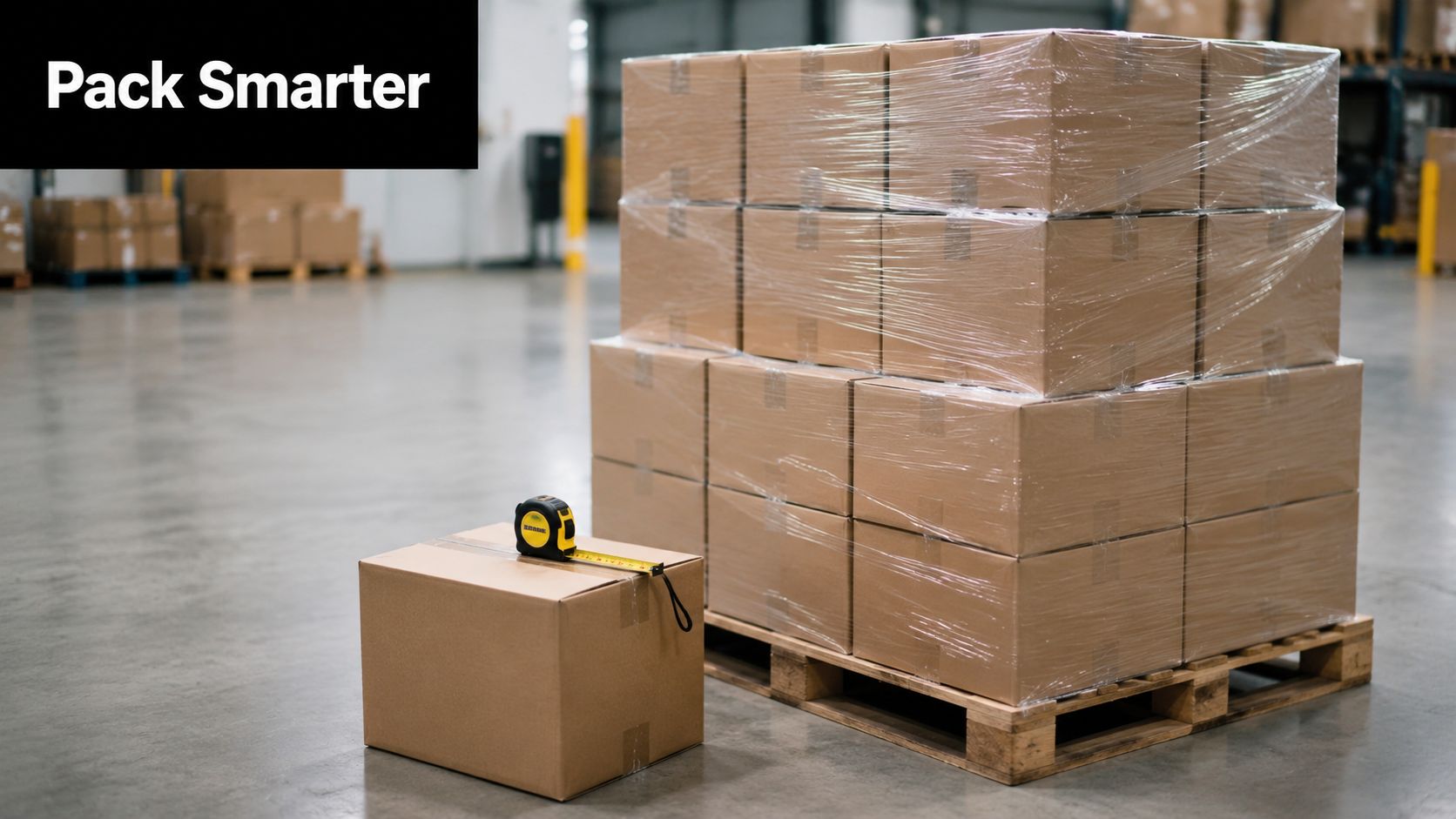 A brown cardboard box with a yellow tape measure sitting next to a stacked pallet of boxes.
