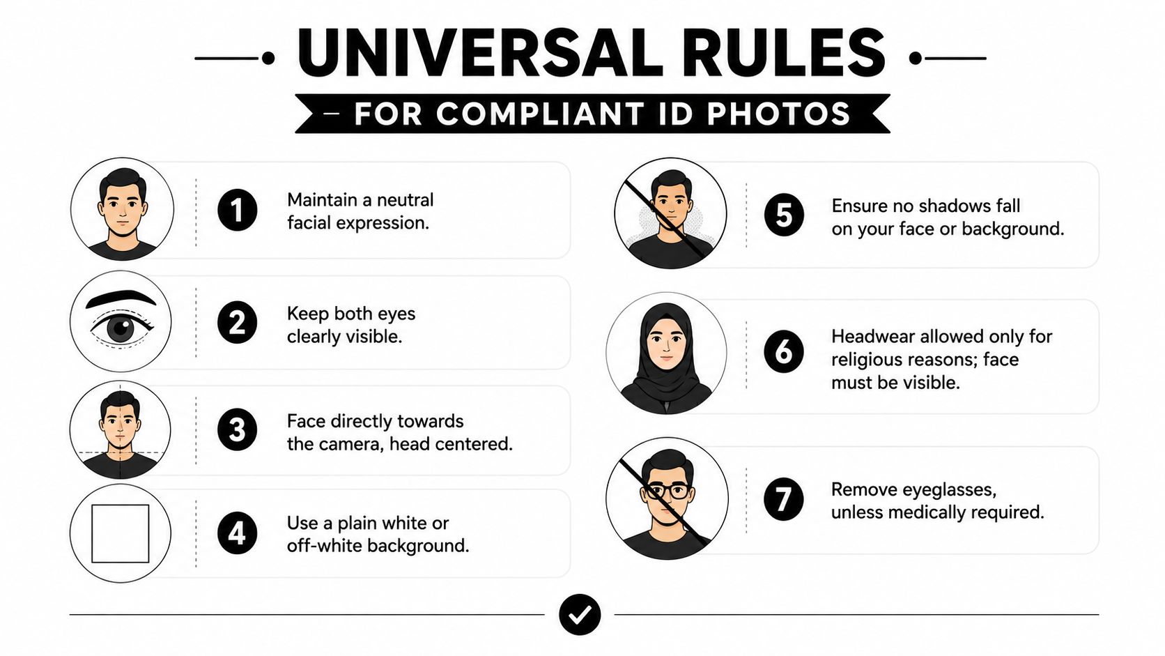 An infographic showing seven universal rules for taking compliant ID photos with illustrations and text explanations.