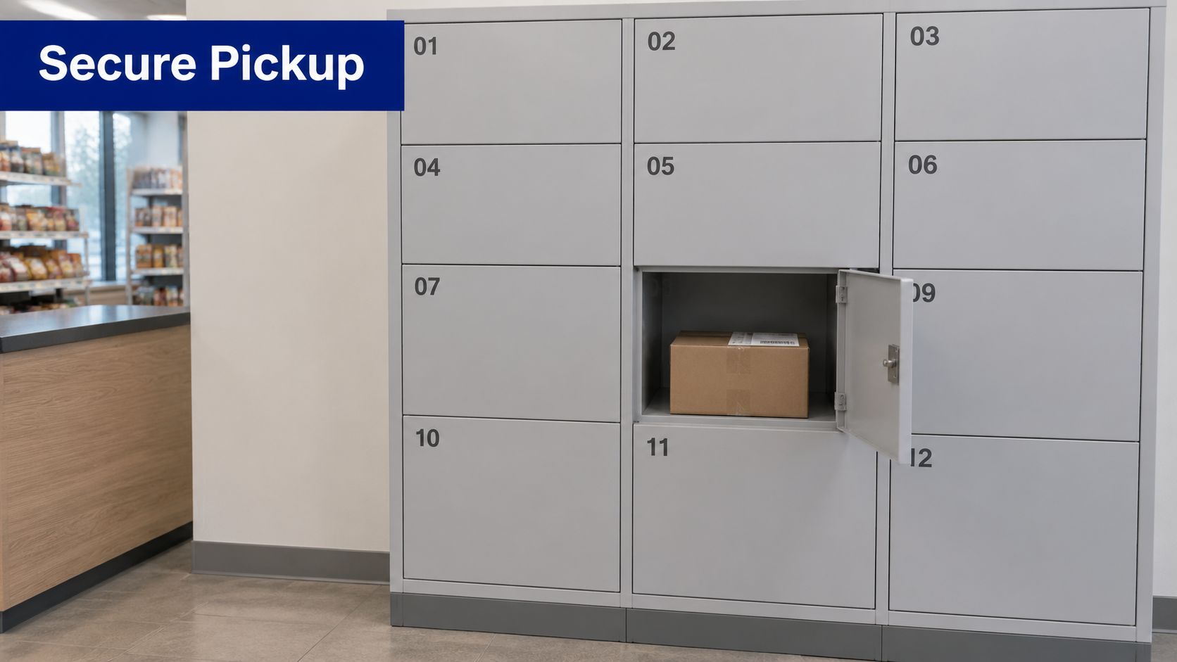 A secure metal locker unit with numbered compartments, featuring one open locker door containing a cardboard package.