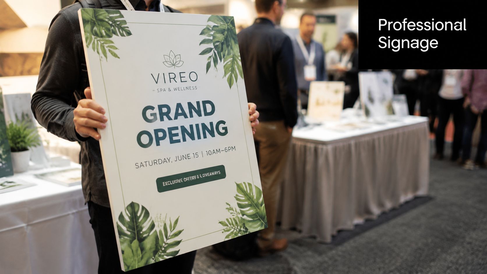 A person holding a professional foam board print sign for the grand opening of Vireo Spa and Wellness.