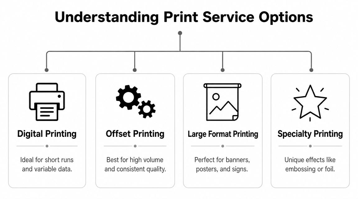 A diagram illustrating four main print service options: digital, offset, large format, and specialty printing services.