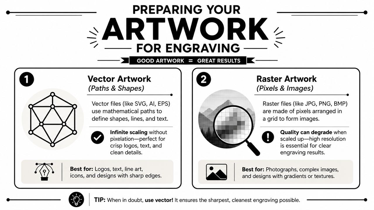 An infographic explaining the differences between vector and raster artwork for high quality laser engraving projects.