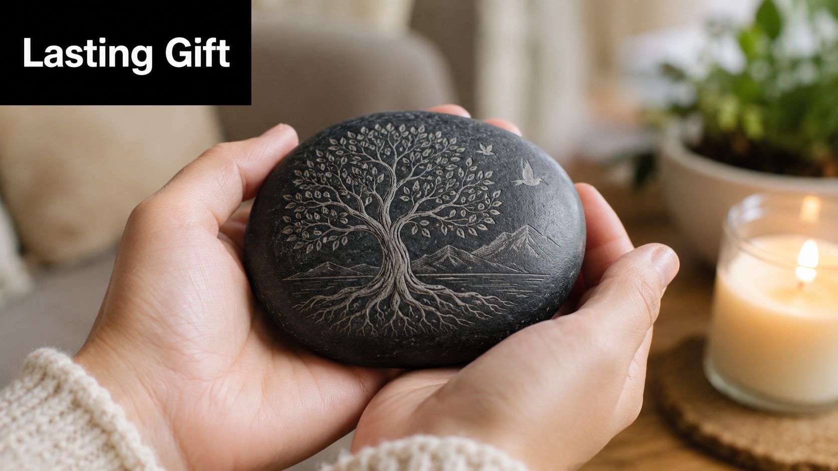 A pair of hands holding a dark polished stone engraved with a detailed tree design and landscape.