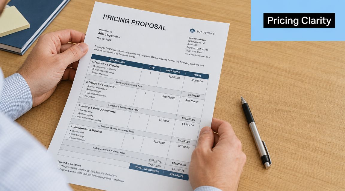 A person reviewing a professional project pricing proposal document while sitting at a wooden office desk.