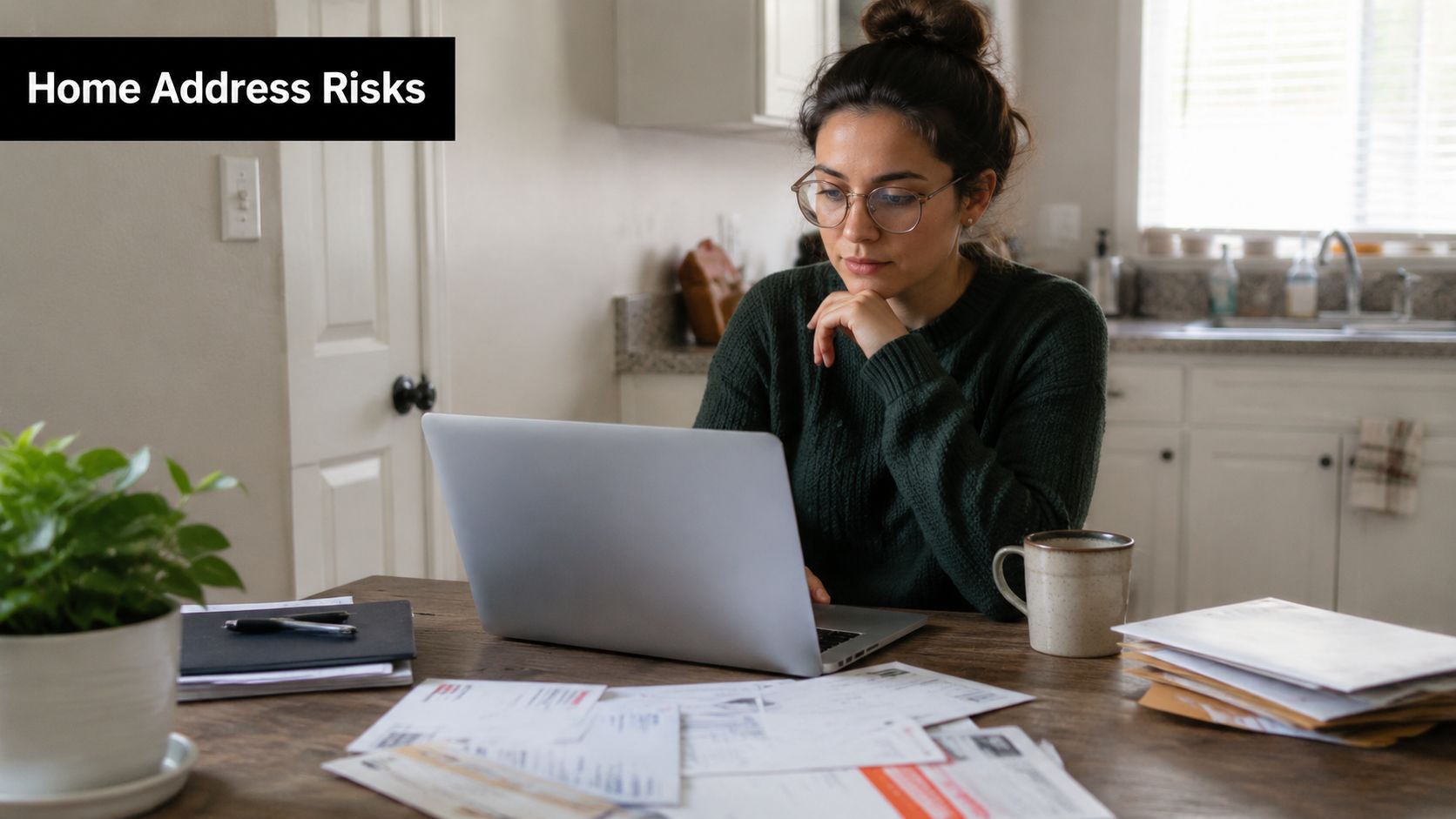 A woman wearing glasses working on a laptop at a kitchen table surrounded by documents.