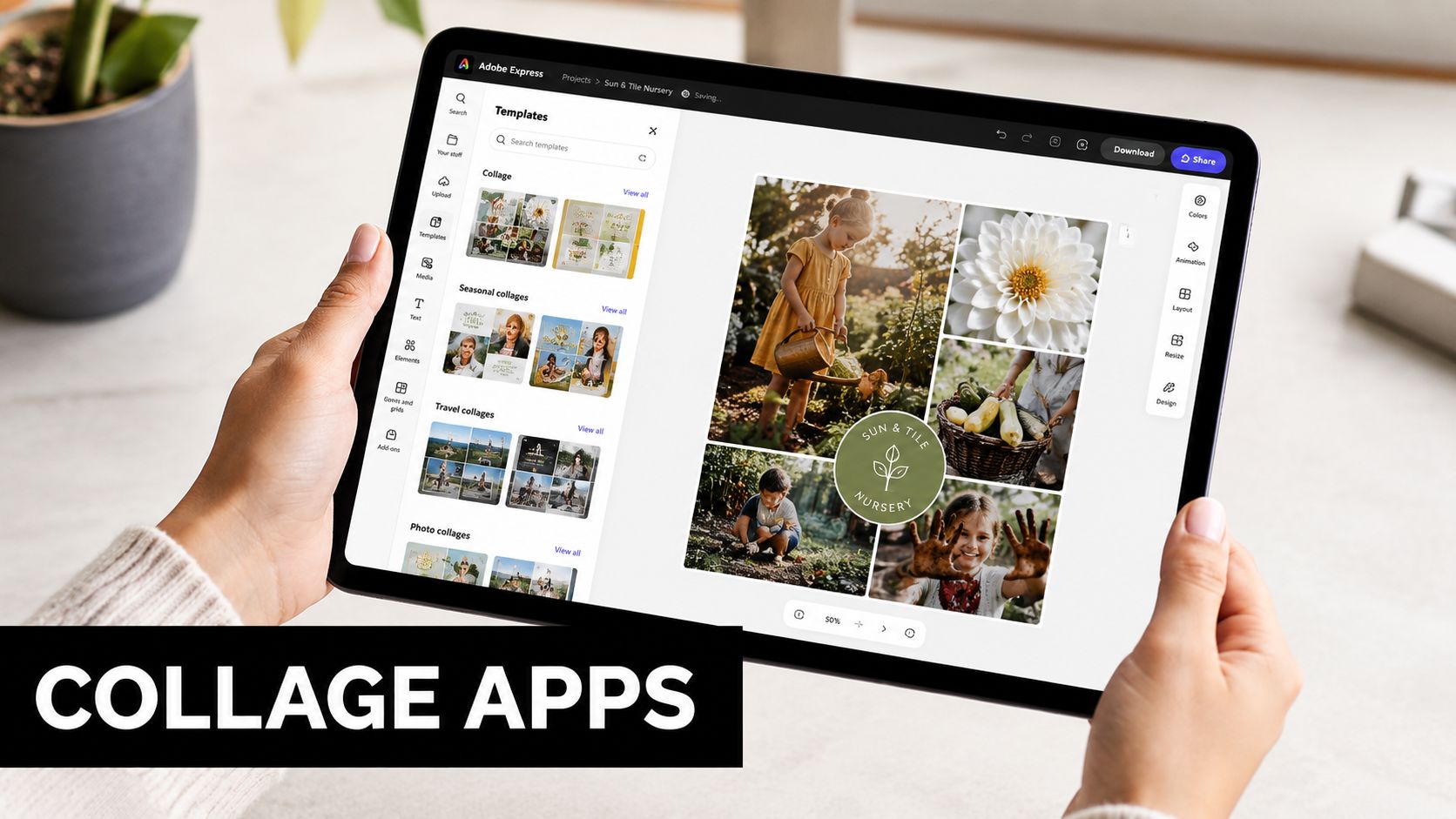 A person holding a tablet displaying the Adobe Express app for creating photo collage designs.