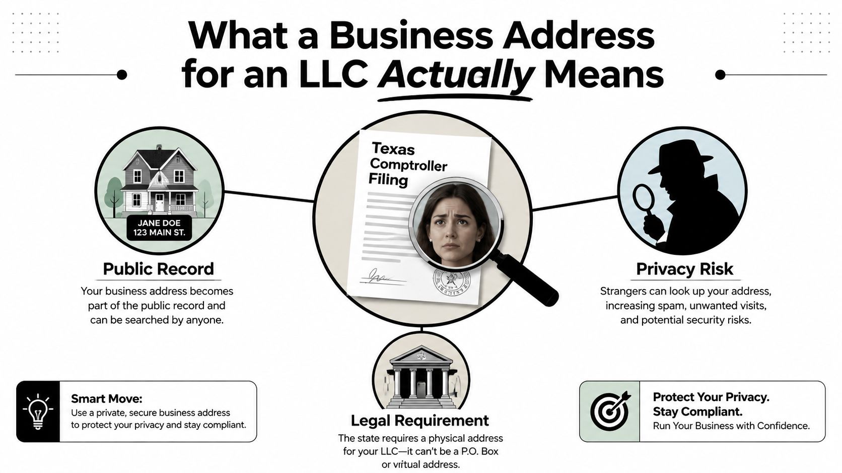 An infographic explaining that an LLC business address becomes a public record, posing privacy risks and legal requirements.