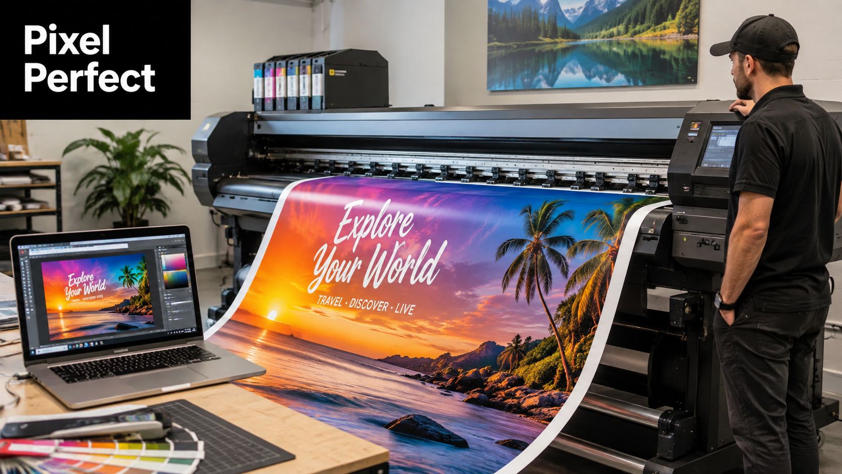 A professional operator monitors a large format industrial printer producing vibrant travel posters in a print shop.