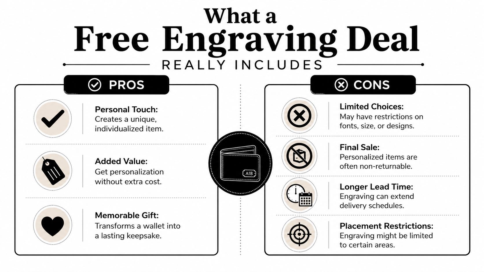 An infographic comparing the pros and cons of accepting a free engraving deal on personalized wallets.