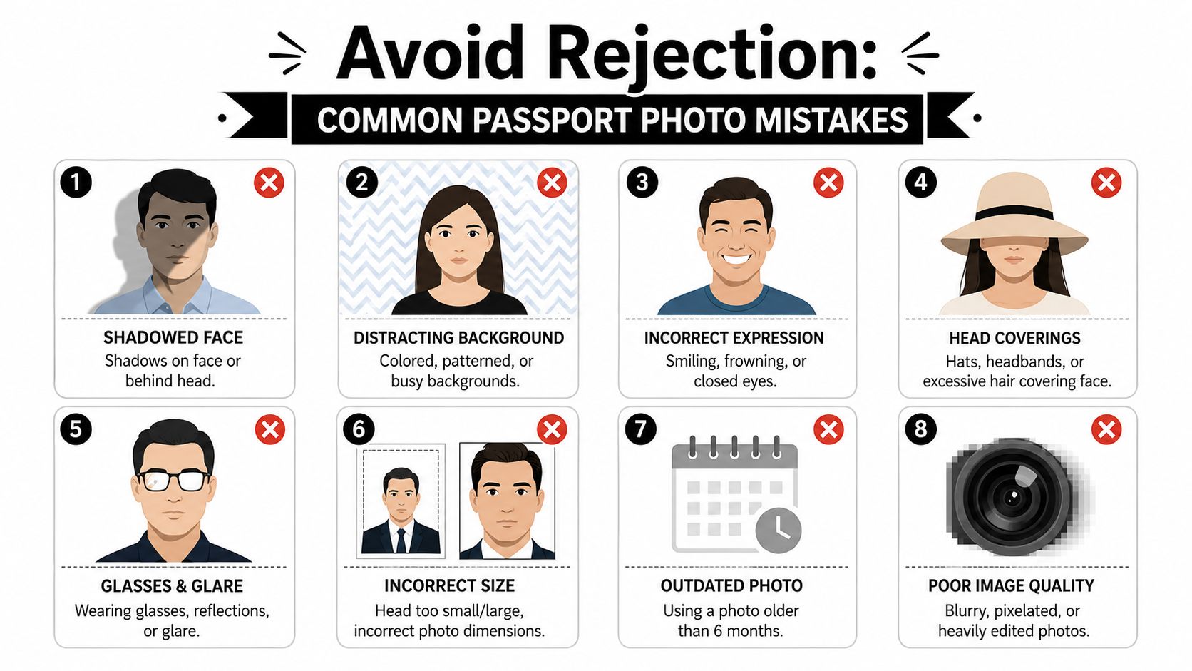 An infographic showing eight common mistakes to avoid when taking photos for passport applications.