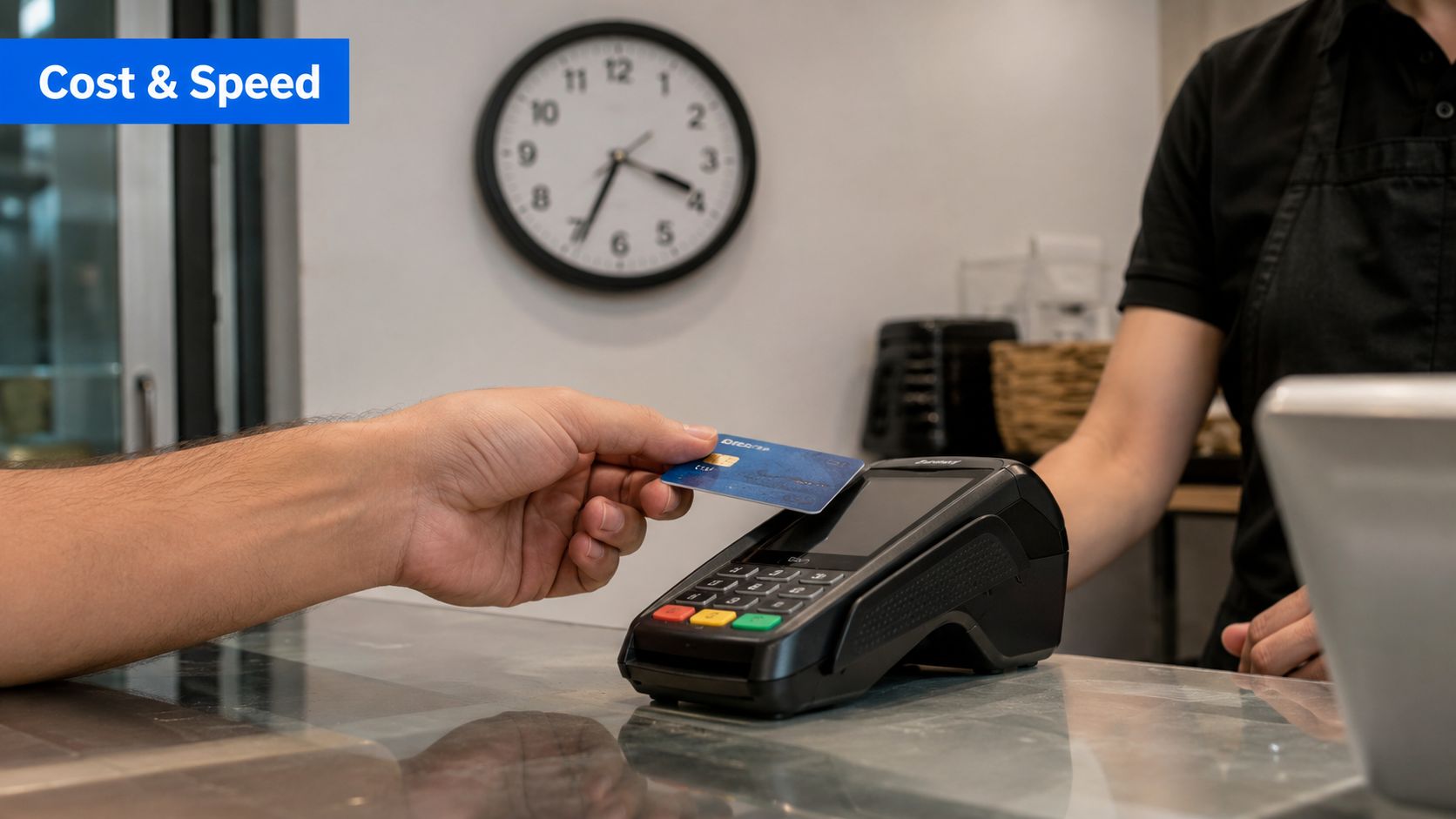 A close-up shot of a customer paying with a credit card at a store terminal counter.